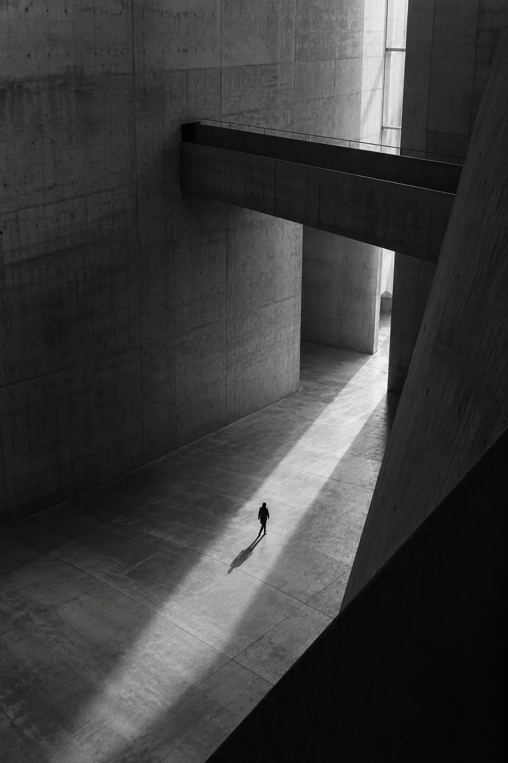 A solitary figure crossing a geometric concrete atrium in black and white